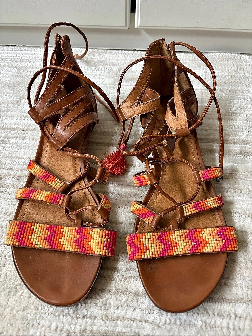 Kenneth Cole Reaction Beaded Strappy Sandals in Brown & Orange